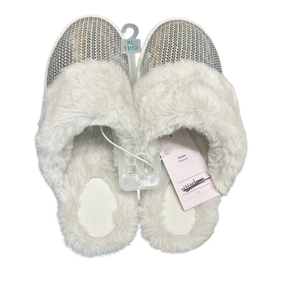 Women's Rae Silver White Sequin Scuff Faux Fur Slippers - Auden Size XL - 11/12 - Picture 1 of 7
